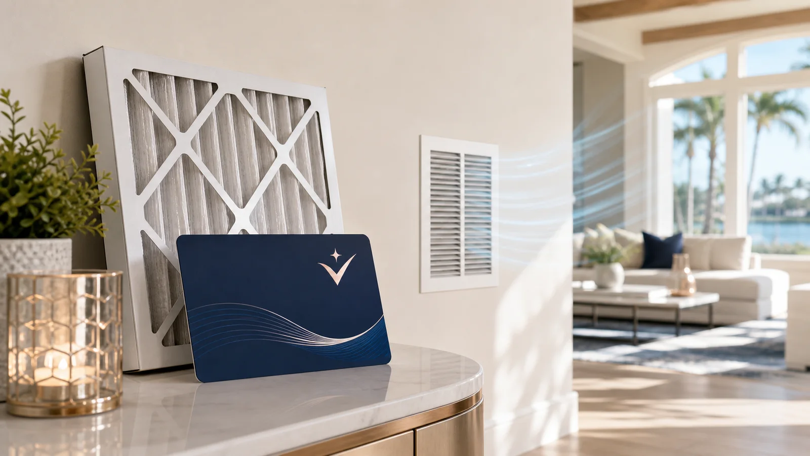 Premium Comfort Club membership card beside a clean HVAC filter and home air vent.
