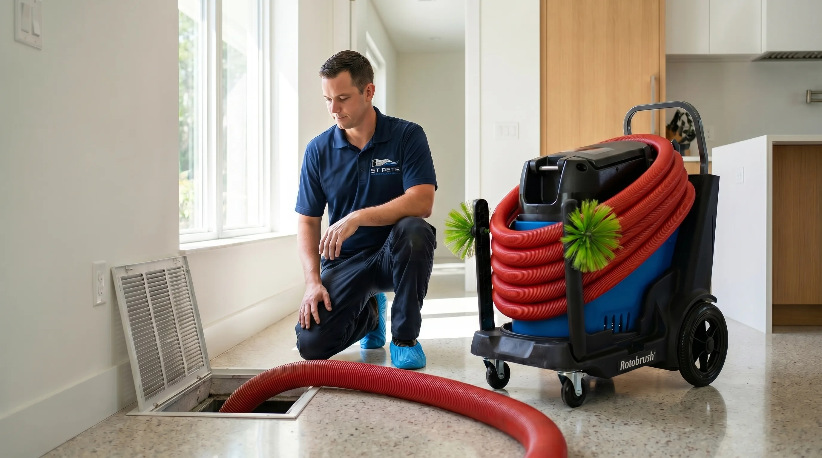 Open residential duct access and duct cleaning equipment in a bright Florida home.