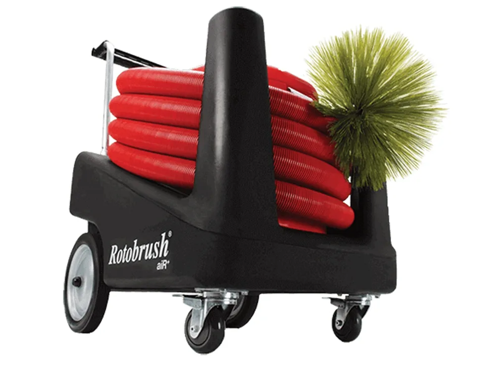 Rotobrush BrushBeast duct cleaning machine with red hose and green duct brush on a white background.