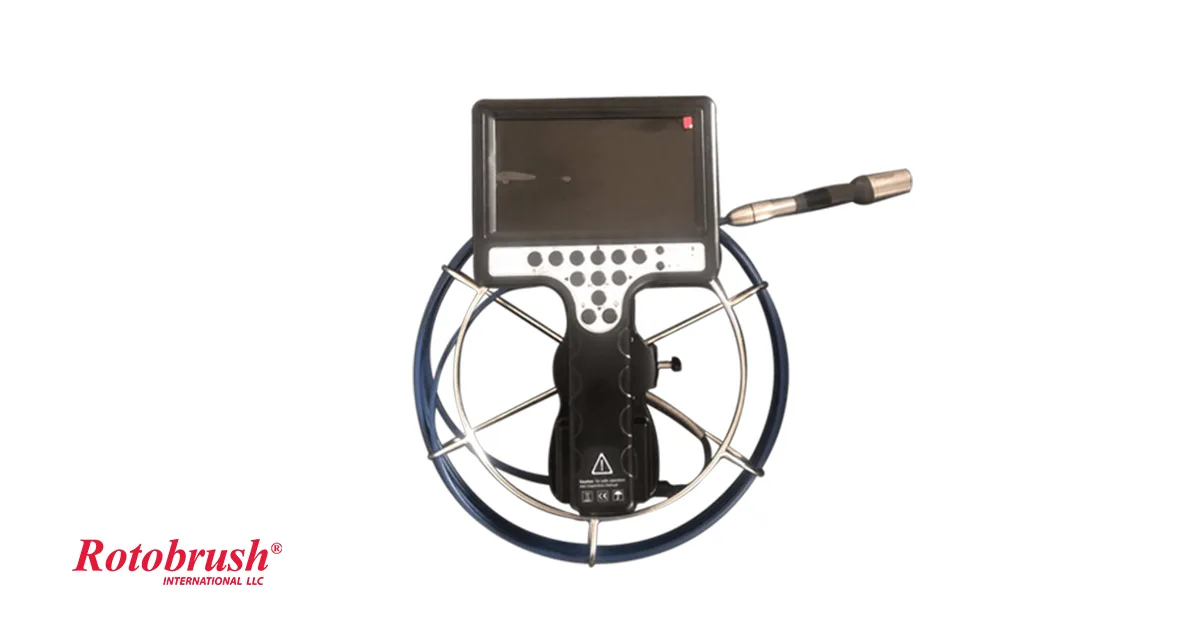 Rotobrush i2Cam duct inspection camera with monitor and cable on a white background.