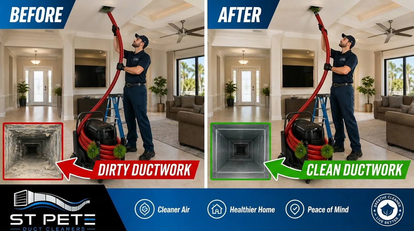 St Pete Duct Cleaners before and after: dirty ductwork next to clean ductwork after a residential duct cleaning.