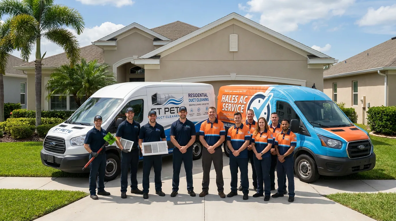 The St Pete Duct Cleaners and Hales AC team standing in front of their St Pete duct cleaning van and Hales AC service van outside a Pinellas County home.
