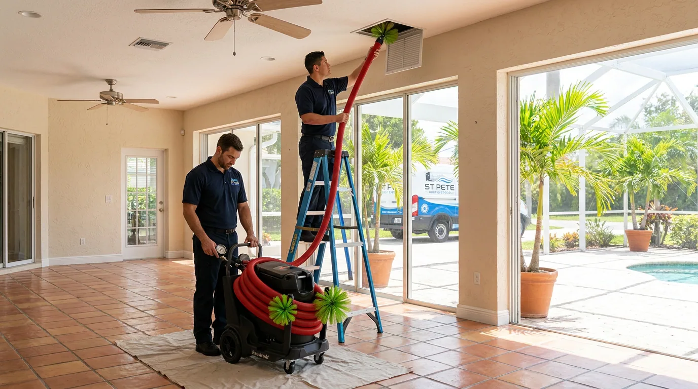 St Pete Duct Cleaners technicians cleaning air ducts and vents inside a bright Pinellas County home with the service van parked outside.