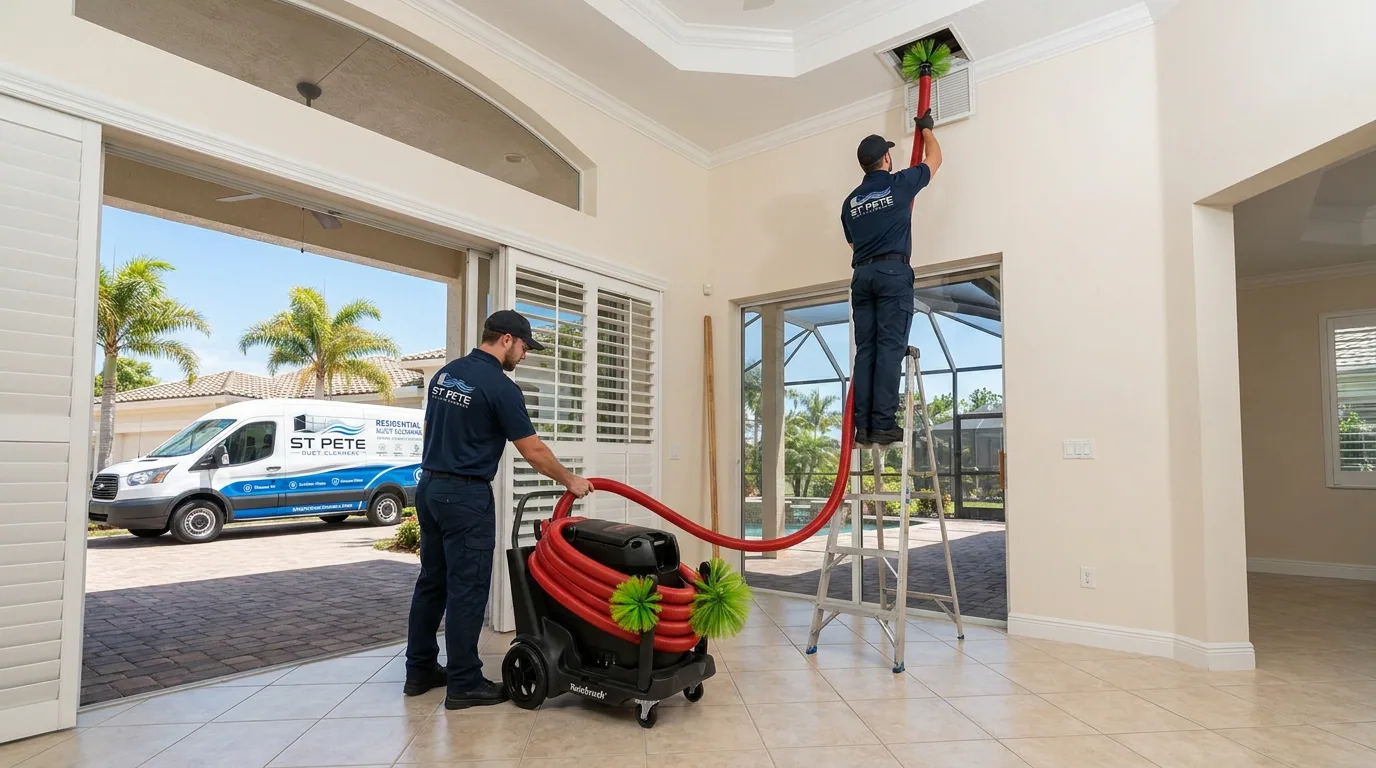 St Pete Duct Cleaners technician on a ladder cleaning a ceiling air vent inside a Pinellas County home, service van parked in the garage.